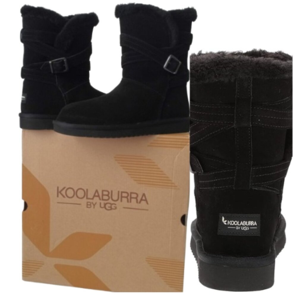 NIB NEW KOOLABURRA UGG DELENE SHORT SUEDE BUCKLED STRAPPY BLACK BOOTS US 8 UK 6